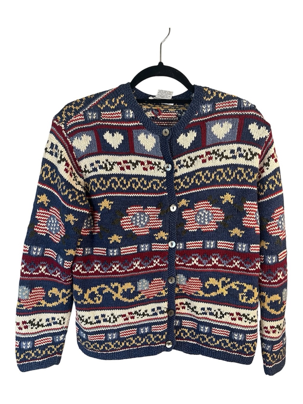 Talbots Vintage 90s Navy Multi Patterned Hand Knit Patriotic Granny Cardigan
